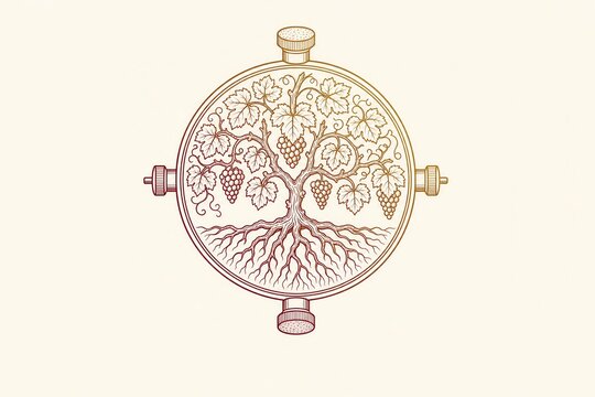 Grapevine embroidery illustration with roots in circular botanical frame