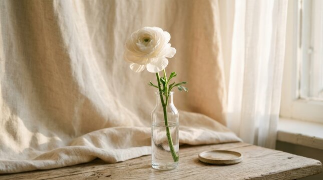 Single translucent white flower displayed in a simple glass vase against softly draped cream fabric, fine-art botanical still life, warm sunlight filtering through sheer curtains, ivory, beige and