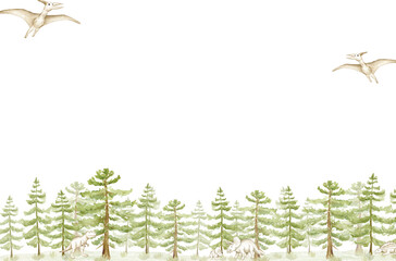 Watercolor Prehistoric Forest Wide Decorative Frame Template © liliia_sinhina