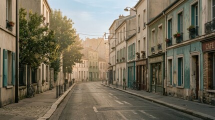 Fototapeta premium Quiet urban street and low buildings beneath warm afternoon light, cinematic environmental photography, desaturated beige, muted teal and dusty green palette, empty road, subtle haze, film grain and