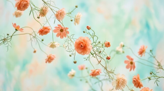 Soft coral-orange flowers and thin stems drifting across a pale mint and aqua background, dreamy botanical photography, peach, salmon, turquoise and cream palette, shallow focus, gentle haze,