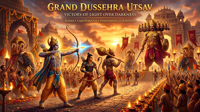 'Happy Dussehra ' Lord Rama,Hanuman,laksmanan fighting against Ravana Festive Greeting Illustration.