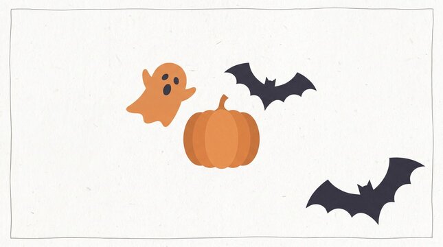 Cartoon Halloween-themed illustration featuring an orange pumpkin at the center, flanked by two black bats.