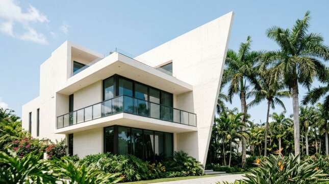 Angular white modern house facade rising beside palm trees against a pale blue sky, partially cropped architectural photography, cream concrete, dark glazing and green foliage, crisp sunlight and