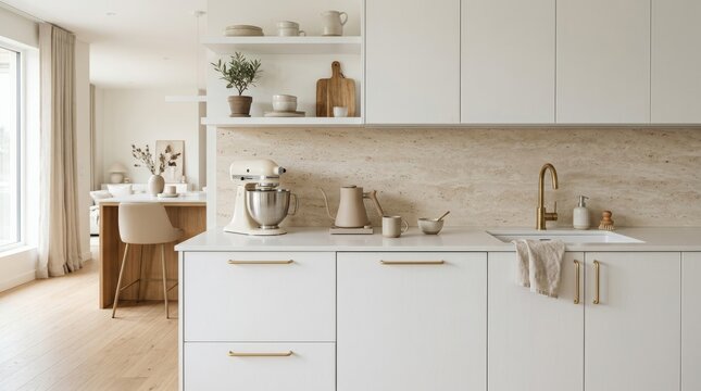 Minimalist white kitchen with flat-front cabinetry, pale stone backsplash, brass handles, stand mixer and kettle, clean interior photography, warm cream and beige palette, soft daylight, organized