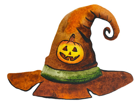 Hand-painted watercolor illustration of a whimsical orange witch hat with a curled tip, green band and small jack-o-lantern decoration, isolated on transparent background
