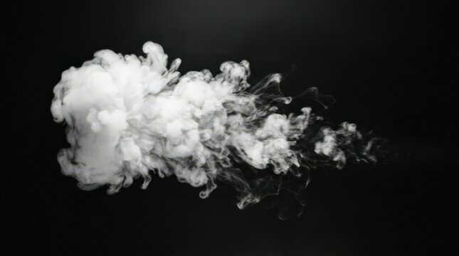 Dense white vapor cloud drifting horizontally across a deep black background, monochrome atmospheric photography, soft billowing texture, high contrast, isolated smoke formation, mysterious cinematic