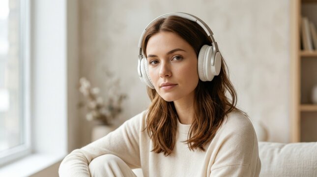 Young woman wearing large white over-ear headphones, clean lifestyle portrait photography, softly textured light neutral background, chestnut hair and simple pale clothing, direct thoughtful