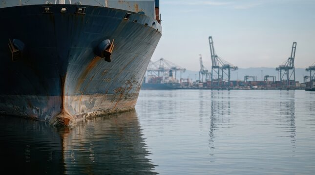 Container ship bow near calm water and harbor cranes with heat haze reflections