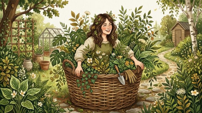 Brunette woman emerging from a large basket or planter overflowing with lush green foliage, whimsical editorial illustration, olive, forest green, cream and warm brown palette, botanical abundance,