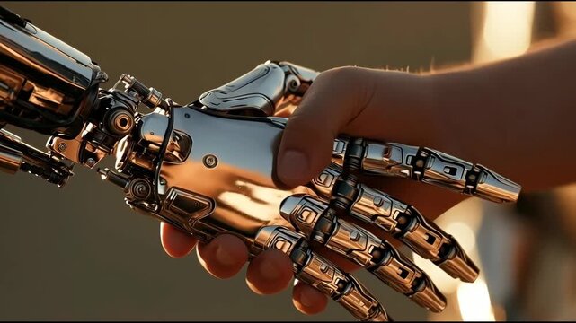 Close Up of Human and Cyborg Robot Handshake in Warm Light Video.