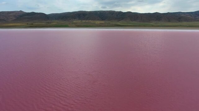 Pink Tuz Golu in Turkey shows mineral rich saline water and salt flats before sunset.