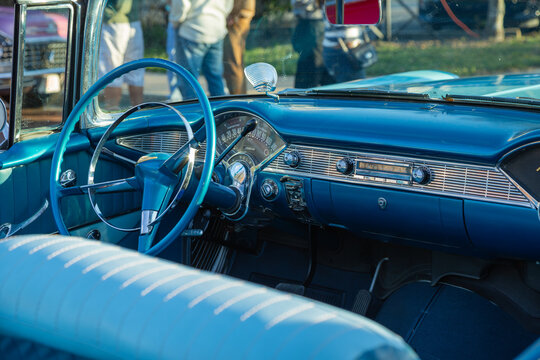 Blue antique classic automobile interior at a local car show
