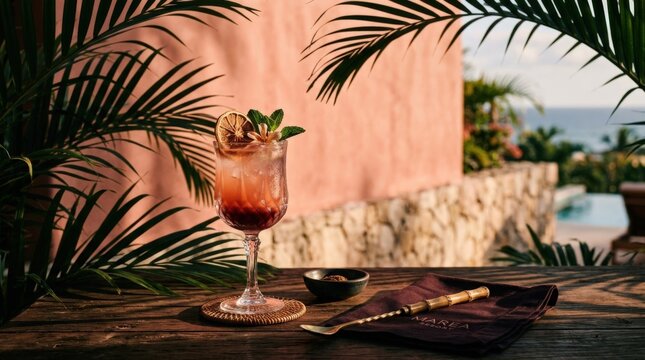 Tropical beverage setting partially framed by dark palm leaves against a muted coral-pink background, editorial drink photography, salmon, burgundy and deep green palette, strong graphic shadows, warm
