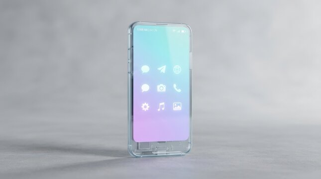 Semi-transparent glass smartphone standing upright on a soft gray studio floor, pale cyan-to-lilac gradient display, subtle glowing interface icons, minimalist 3D product visualization, translucent