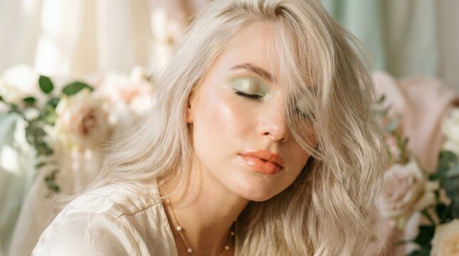 Soft-focus beauty portrait of a platinum-blonde woman with closed eyes, pale green shimmer makeup and glossy peach lips, dreamy skincare editorial photography, cream hair across the face, luminous
