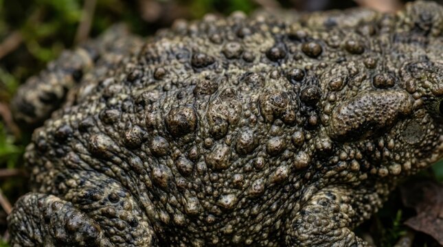 Close-up of textured toad skin in natural environment showing detailed amphibian features and rough surface from macro viewpoint