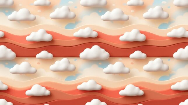 Soft white sculptural clouds repeating across layered coral and terracotta bands, playful 3D illustration, cream, peach and warm red palette, rounded matte forms, gentle shadows, dreamy