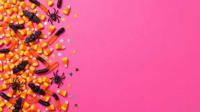 Halloween-themed candies and decorations are scattered on a vibrant pink background. 