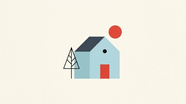 Minimal geometric house icon with pale blue walls, red door and tiny black circular window, abstract tree lines and red sun above, clean flat illustration on warm off-white background, simple