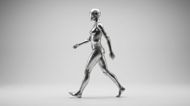 Silver human mannequin walking in profile against a light gray studio background, conceptual fashion and technology photography, metallic reflective skin, long stride, monochrome palette, clean soft