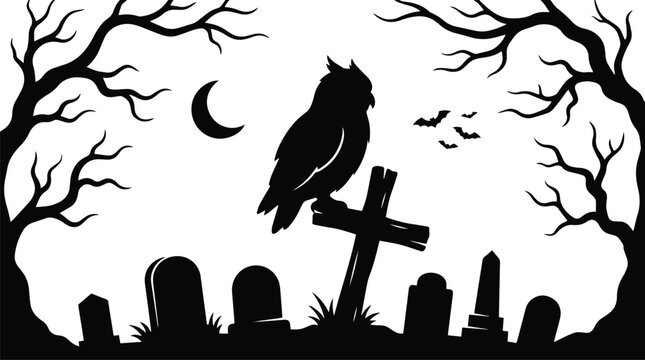 Black silhouette of wise owl bird perched on graveyard wooden cross with tombstones and crescent moon vector graphic illustration