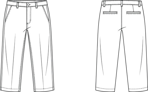 Front and back view of casual trousers pants technical fashion sketch with pockets and belt loops for clothing design and apparel manufacturing template