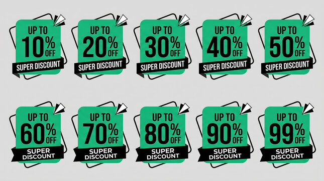 Super discount sale tags set with 10 to 99 percent off, green promotional stickers for retail marketing, commercial price reduction labels