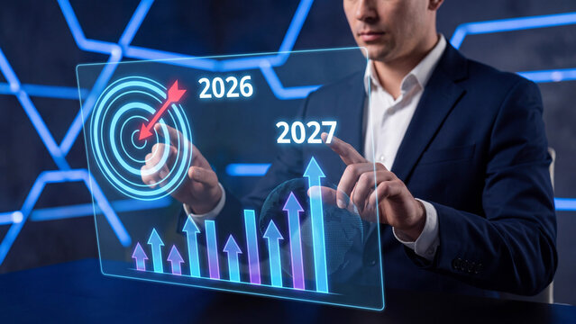 Focused professional man interacts with glowing holographic target interface showing future financial growth projections for year twenty twenty six onwards