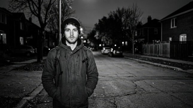 Young man standing alone on a suburban street at night in grainy black-and-white, backpack straps visible, direct candid gaze, documentary portrait photography, deep shadows, soft flash, nostalgic