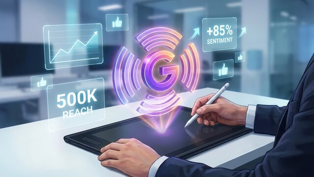 Digital marketing expert using a stylus on a tablet to manage social media reach and sentiment analysis with glowing holographic and g symbol
