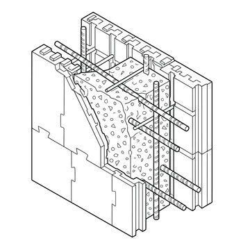 Isometric Cross-Section Illustration of Insulated Concrete Form (ICF) Wall with Reinforcing Rebar and Concrete Core - Technical Line Art for Construction and Engineering