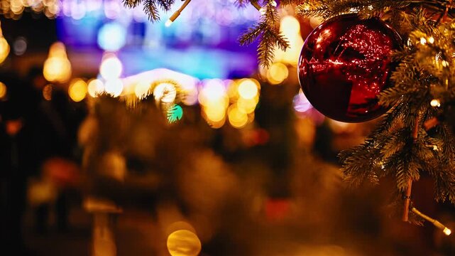 Christmas Ornament Hanging Against Lights Background At The Christmas Market