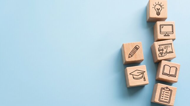 Education Symbols on Wooden Blocks: A collection of wooden blocks, each engraved with a symbol representing a different aspect of education and learning, arranged on a pale blue background.
