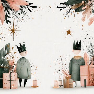 Three Kings Day Watercolor Background with Crowns and Stars