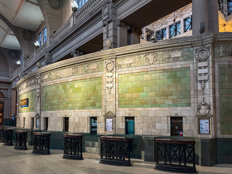 Public transport majolica ticket booths at the Great Hall of Ferrocarril Mitre Estacion Retiro
