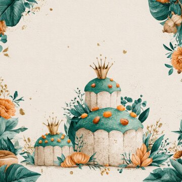 Three Kings Day Watercolor Cake Background with Crowns and Copy Space
