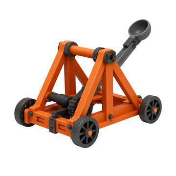 Orange plastic toy catapult with grey wheels and bucket isolated on transparent background PNG element