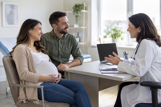 Expectant couple attending a prenatal medical consultation