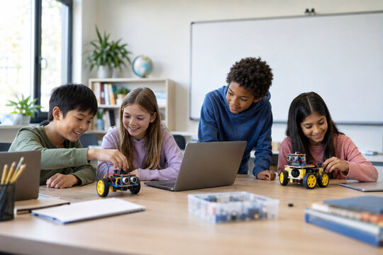 Children learning coding and robotics in a classroom