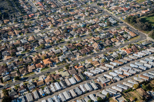 Aerial view of suburban residential neighborhood in Port of Long