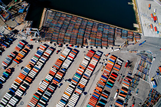 Aerial view of shipping container yard at port in long beach