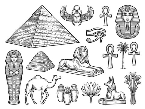 Collection of hand drawn ancient egyptian icon doodle on white background for children color book, isolated black ink sketch of pyramid, sphinx, and pharaoh symbol