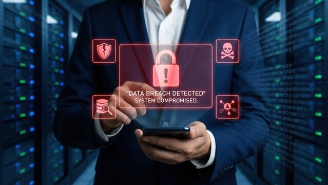 Executive holding smartphone with glowing red data breach detected warning interface and security in a secure server room facility