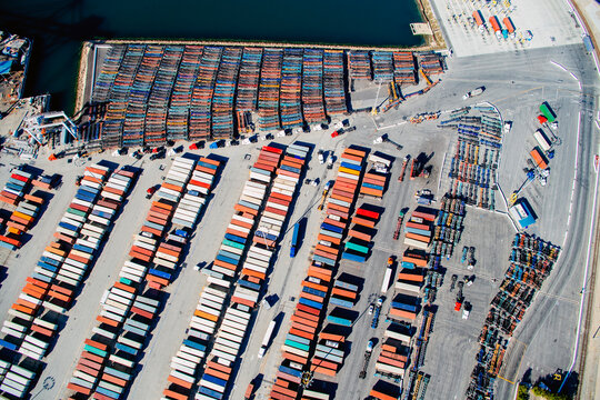 Aerial view of container terminal at Port of Long Beach