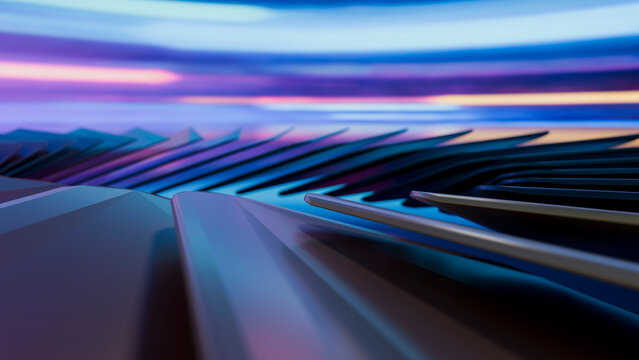 Close-up of piano keys reflecting colorful lights