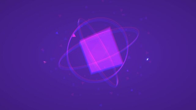 Translucent violet square prism spinning inside orbiting luminous rings and subtle geometric dust 3D animation