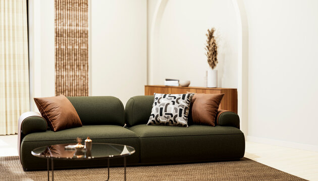 Green modern sofa with brown pillows in minimalist living room