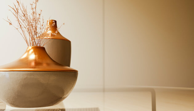 Ceramic vases with dried flowers in minimalist indoor setting
