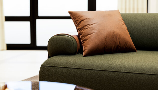 Brown cushion on green sofa armrest in contemporary living room
